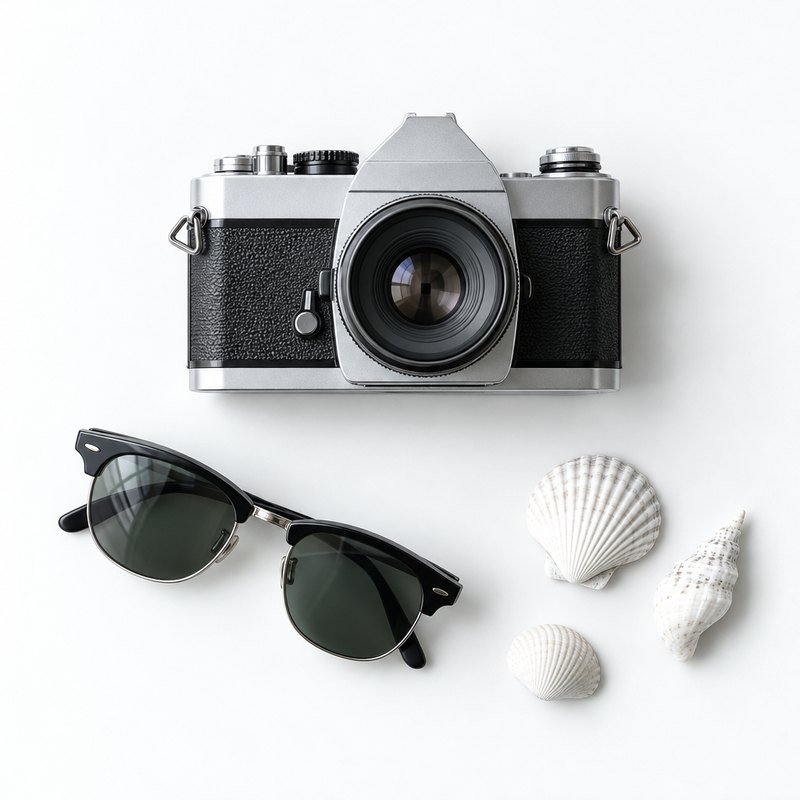 A camera, sunglasses and seashells
